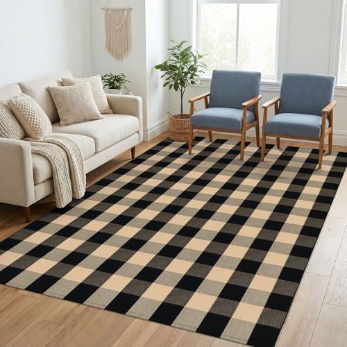 KILOCOCO Buffalo Plaid Checkered Rug 5x7 ft Living Room Rug Brown and Black by Kilococo