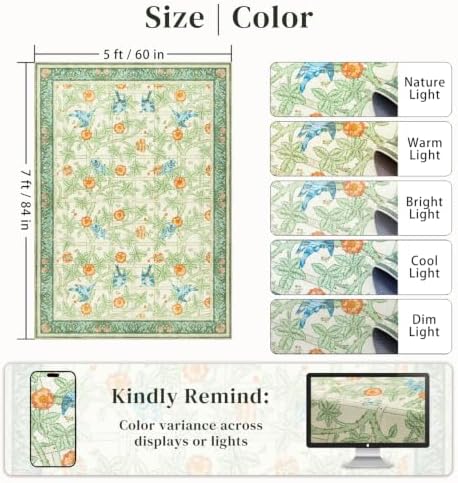 5x7 Area Rug for Living Room, Green Floral Boho Washable Rugs for Bedroom - Image 2