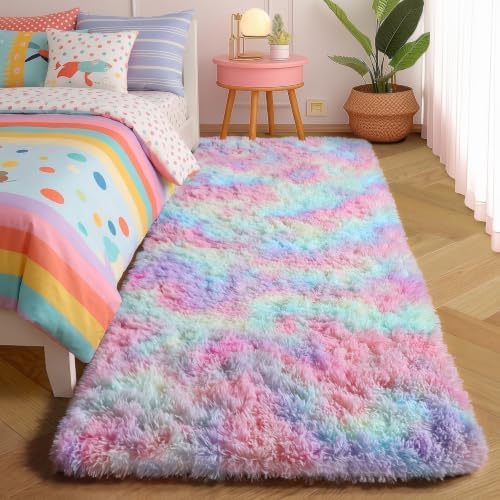 Amdrebio Rainbow Unicorn Pastel Shag Runner Area Rug 2x6 for Girls Bedroom by Amdrebio
