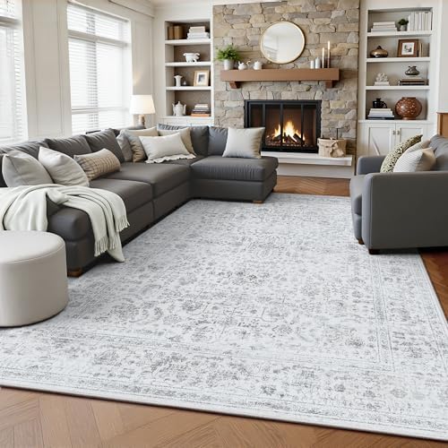 5x7 Area Rugs, Washable Vintage Retro Floral Rug for Living Room, Low Pile Non Slip Distressed Large Carpet for Bedroom, Dining Room, Office, Home (Grey) by Yarooge