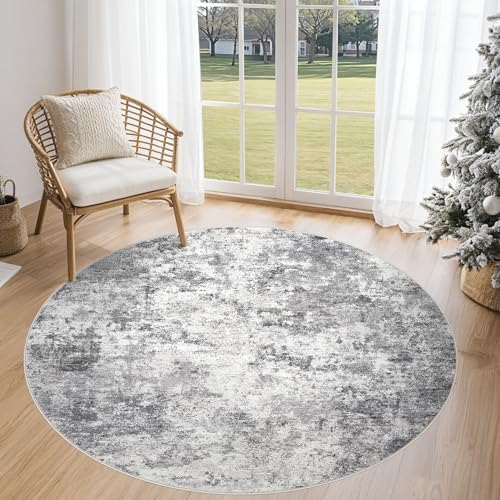UERMEI 5ft Round Area Rug Living Room Rugs - 5x5 Washable Neutral Modern Abstract Soft Thin Rug Indoor Floor No Slip Rug Carpet for Bedroom Under Dining Table Home Office Decor - Grey by UERMEI