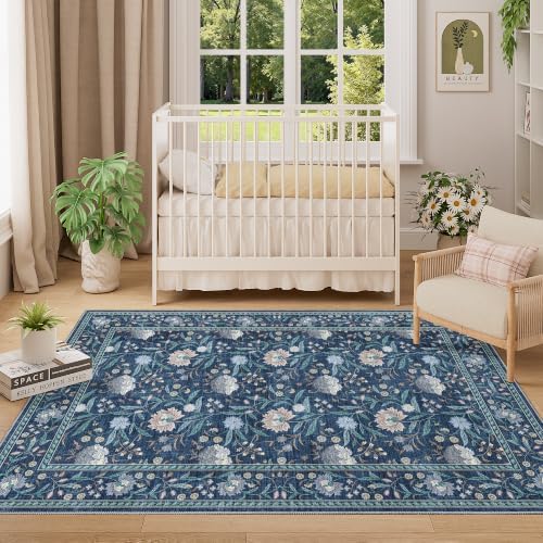 DUKINO 4x6 Area Rug, Washable Vintage Floral Rug for Living Room, Dark Blue - Image 3