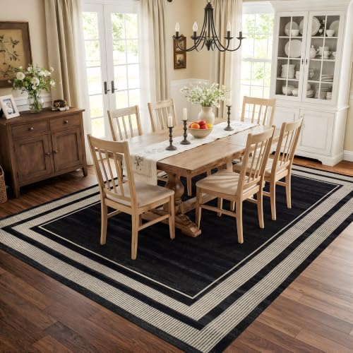 Rugshop Striped Border Machine Washable Non-Slip Area Rug, 9'x12' Black - Image 6