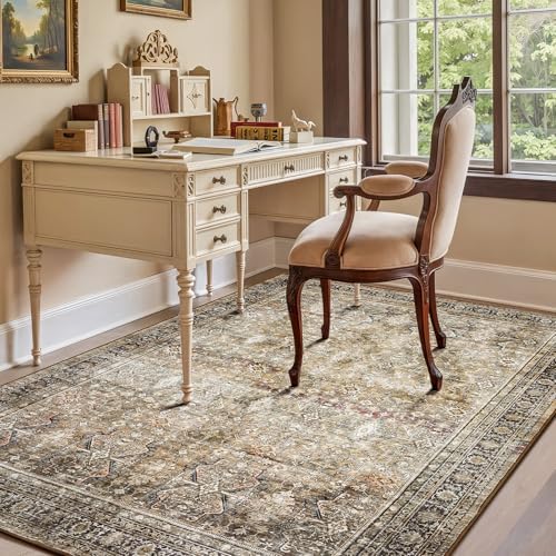 5x7 Area Rugs for Living Room, Non-Slip Washable Brown Vintage Carpet - Image 2