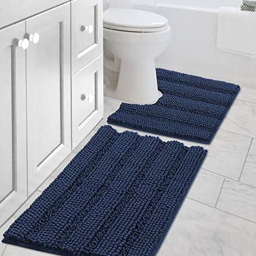 H.VERSAILTEX Bathroom Rugs Bath Rug Set 2 Piece Bathroom Contour Rug Toilet Mat Sets Non Slip Contour Bath Rug Ultra Thick Water Absorbent Striped Bath Mats Washable(20" x 32" Plus 20" x 20" U, Navy) by HVERSAILTEX