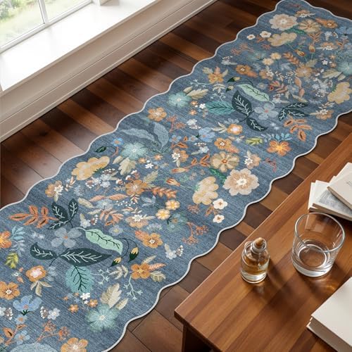 Washable 2x10 Runner Rug for Hallway: Floral Scalloped Kitchen Rugs Blue - Image 2
