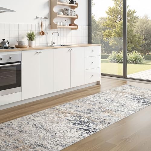 DMOYEST Washable Runner Rug for Hallway: 2.6x8 Neutral Modern Abstract Low Pile Area Rug with Non-Slip Backing - Carpet for Bedroom Kitchen Laundry Entryway Bathroom Indoor - Beige Blue - Image 3