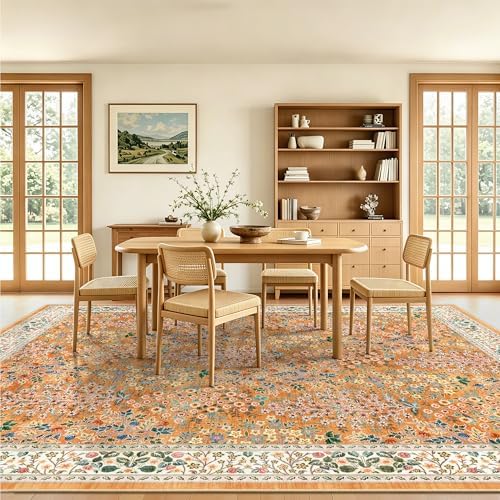 8x10 Area Rugs, Machine Washable Low Pile Floral Rugs for Living Room, Bedroom, Large Boho Area Rug with Non-Slip Backing for Dining Room(Orange Floral) - Image 4