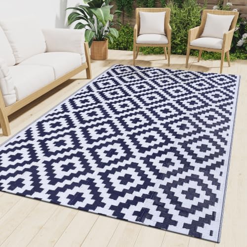 Smiry Outdoor Rug 9x18 ft Waterproof Reversible Boho Mat, White & Navy by Smiry