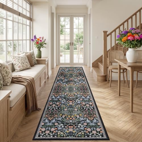 PLHXFR 2.6x14 Washable Runner Rug：Floral Indoor Kitchen Carpet Dark Black - Image 3