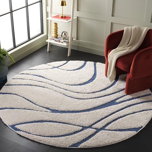 SAFAVIEH Florida Shag Collection 11' Round Cream/Blue SG471 Abstract Wave Non-Shedding Living Room Bedroom Dining Room Entryway Plush 1.2-inch Thick Area Rug by Unknown