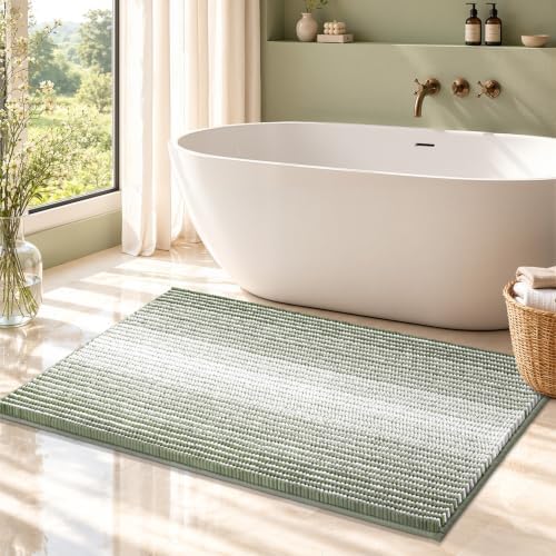 BSICPRO Large Chenille Bathroom Rugs, 24x36 Striped Bath Mats,Greyish Green by BSICPRO