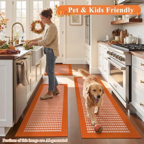 Ileading Fall Kitchen Rugs Set of 3 Piece Washable Orange Autumn Runner Rug - Image 3
