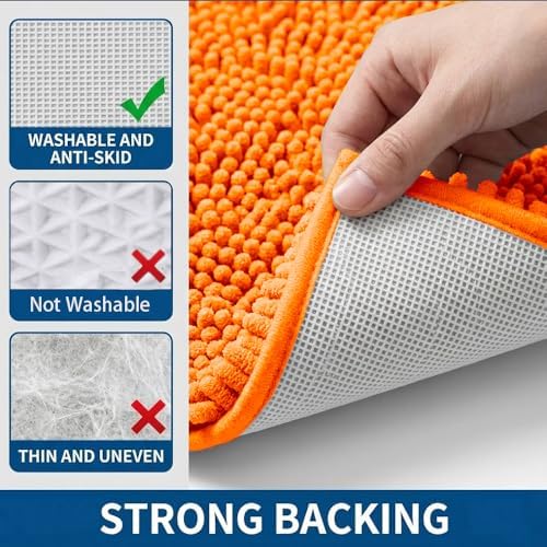 Bathroom Rugs Sets 2 Piece,Super Absorbent Chenille Bath Mats and U-Shaped Toilet Rug,Strong PVC Non Slip Backing,Microfiber Washable Dry Quickly Bath Mats for Bathroom(20"x32"+20"x20"U, Orange) - Image 5