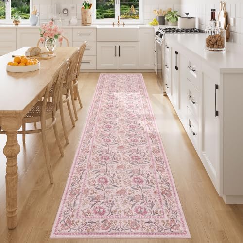 DUKINO 2x8 Runner Rug, Washable Vintage Floral Kitchen Rugs, Pink by DUKINO