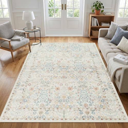 SparkleGaze White Beige Ivory Floral Living Room Rug 5x7 Area Rug - Vintage Washable Rug for Dining Room, Bedroom, Ultra Soft Low Pile Non Slip Stain Resistance Distressed Boho Farmhouse Flower Carpet by SparkleGaze