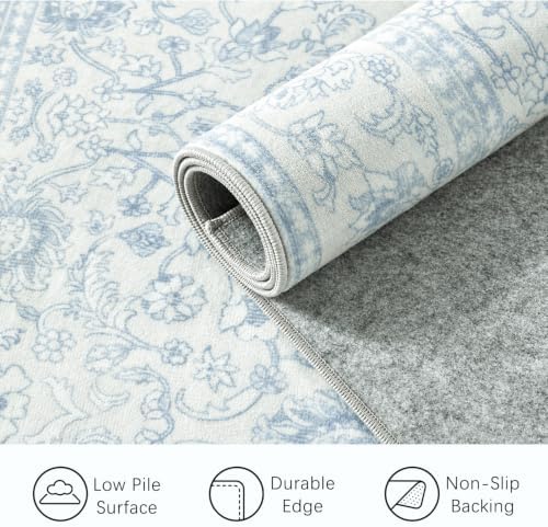 DCX Vintage Washable 5x7 Area Rug, Distressed Floral, Light Blue - Image 7