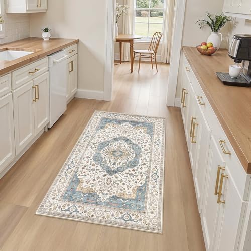 Vintage 3x5 Entryway Rug Washable Area Rug Blue - Image 3