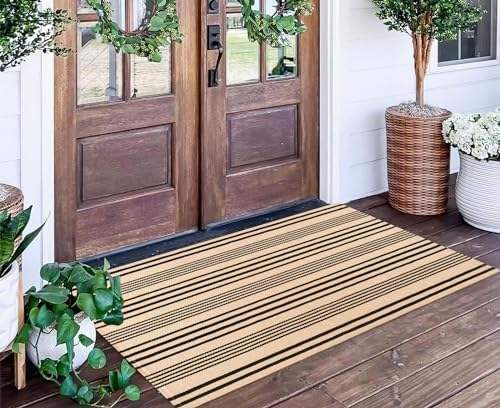 Fall Striped Outdoor Rug 2'x4.3' Black and Tan Layered Front Porch Rug by BUAGETUP