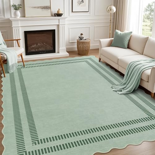 Washable 8x10 Rugs for Living Room Bedroom, Non-Slip Sage Green Indoor Carpet for Dining Room Office, Ultra Thin Scalloped Soft Carpets for Kids Nursery Playroom by LORWER