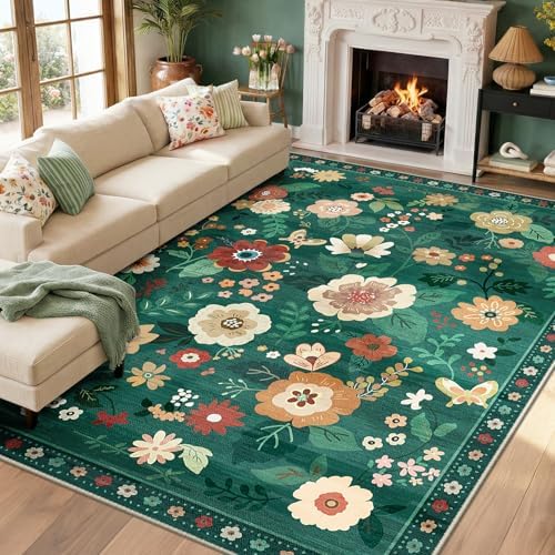 RELEANY Floral Washable 9x12 Area Rugs DarkGreen by RELEANY