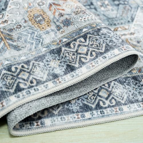 Washable Entryway Area Rug 2x3 - Small Doormat Vintage Distressed Rugs Oriental Non-Slip Stain Resistant Carpet Soft Thin Non-Shedding Indoor Floor Mat for Bedroom Bathroom Kitchen (Grey/Blue,2x3) - Image 5