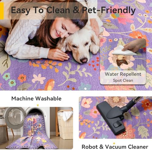 RELEANY Floral Washable Square 4ft Area Rug Purple/Pink - Image 4