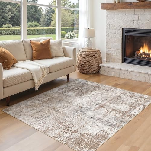 UERMEI Square Area Rugs : Washable 6x6 Neutral Modern Abstract Carpet for Living Room Bedroom - Soft Floor Mat with Non Slip Backing for Kitchen Nursery Dorms Farmhouse Home Decor - Brown/Grey/Red - Image 3
