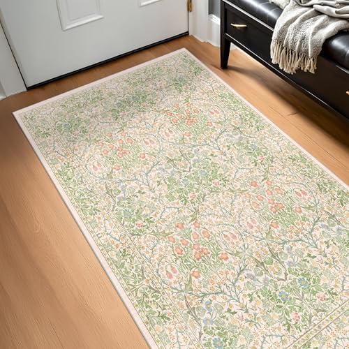 Washable Neutral Floral Living Room Rug, 3x5 Area Rugs for Bedroom, Nursery, Kitchen, Large Entryway, Vintage Non-Slip Throw Rug Low Pile Stain Resistant (3x5 Garden Green) - Image 6