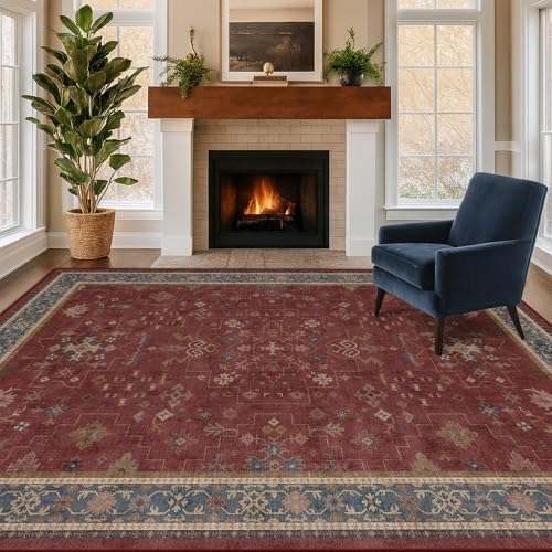 6x9 Dining Room Rugs for Under Table - Vintage Burgundy Boho Living Room Rug, Lightweight Washable Foldable Low Pile Carpet,Southwestern Bed Room Décor Aesthetic - Image 3