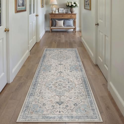 PureCozy Blue Runner Rug 2.6x8 Entryway Vintage Floral Non-Slip Carpet by PureCozy