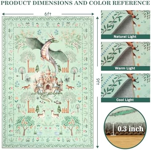 nesrt Washable Area Rugs 6x9ft for Living Room Bedroom, Green Animal Printed Dragon Rugs, Soft Large Botanical Forest Nursey Playroom Floor Carpets for Dining Room Farmhouse Home Office Holiday Decor - Image 2