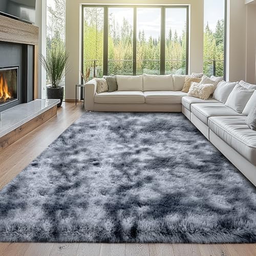 Topmaxcs Fluffy 8x10 Area Rug Living Room: Tie-Dyed Dark Grey Area Rugs by TOPMAXCS