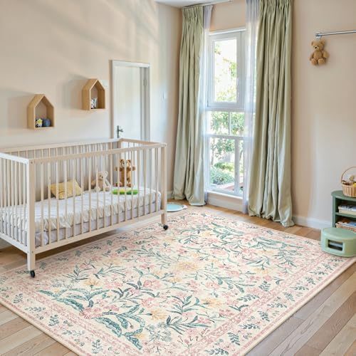 Lahome 6x9 Pink Rug for Dorm Girls Bedroom, Boho Cottage Core Floral Rug by Lahome