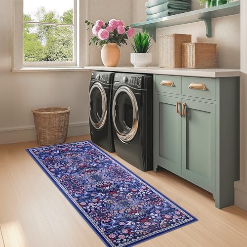 PLHXFR 2x6 Washable Runner Rug：Floral Indoor Kitchen Soft Carpet Blue - Image 4