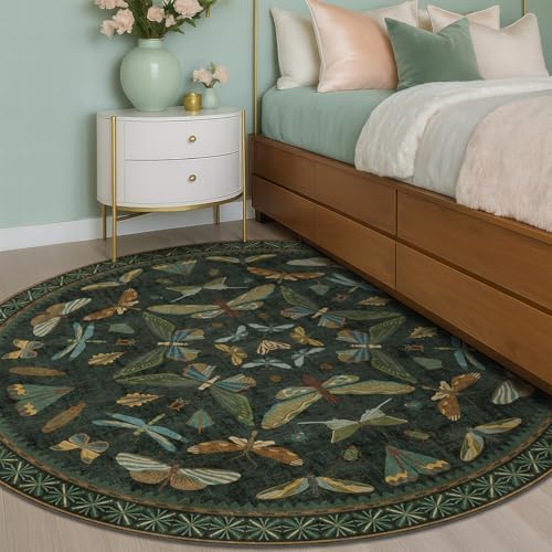 Dark Green Insect 6ft Round Washable Area Rug for Living Room - Non Skid Low Pile & Soft Carpet for Bedroom Beside Bed, Forest Butterfly Design Stain Resistant Home Décor - Image 3