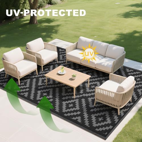 RURALITY Outdoor Rugs 5x8 Feet for Patios Clearance,Plastic Straw Waterproof Mats for Backyard,Porch,Deck,Balcony,Black&Deep Grey - Image 6