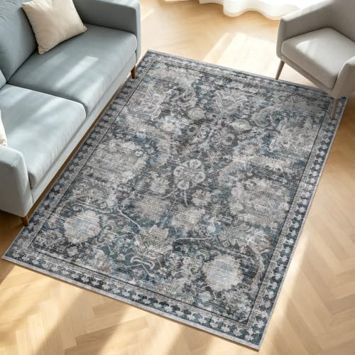 RUGSURE Washable Area Rugs - Perfect for Living Room, Bedroom, Kids Room, Nursery - Stain & Water Resistant Non-Slip, Pet & Child Friendly, Vintage Tribal Area Rugs (Grey and Blue, 5' x 7') - Image 3