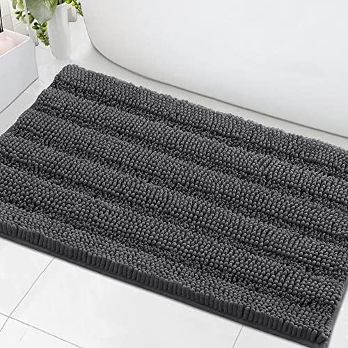 H.VERSAILTEX Bath Mats for Bathroom Non Slip Extra Thick Chenille Striped Bath Rug 24" x 36" Absorbent Non Skid Fluffy Soft Shaggy Rugs Washable Dry Fast Plush Mats for Indoor, Bath Room, Tub - Grey by HVERSAILTEX