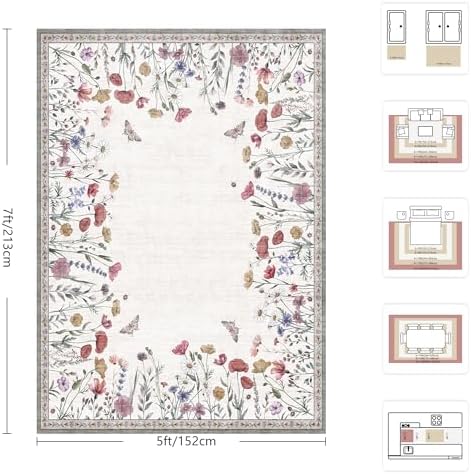 5x7 Area Rugs, Rugs for Bedroom, Indoor Non-Slip Washable Rug for Living Room, Dining Room, Low Pile Home Decor Floral Rug(Classic Beige) - Image 2