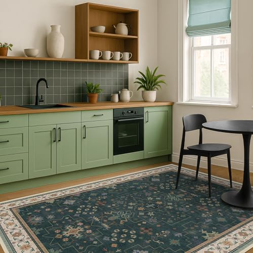 Hazo Haus Vintage Dark Green 7x9 Dining Room Rugs for Under Kitchen Table - Washable Livinig Room Rug - Unique Floral Pastel Low Pile Non-Slip Area Rugs for Bedroom - Image 6
