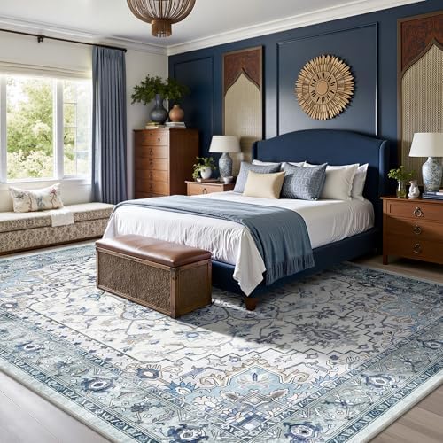 8x10 Area Rugs for Living Room - Washable Rug Vintage Distress Boho Medallion Rugs for Bedroom, Soft Non-Slip Backing Low Pile Carpet for Dining Room Office Nursery Home, Blue Grey Purple - Image 3