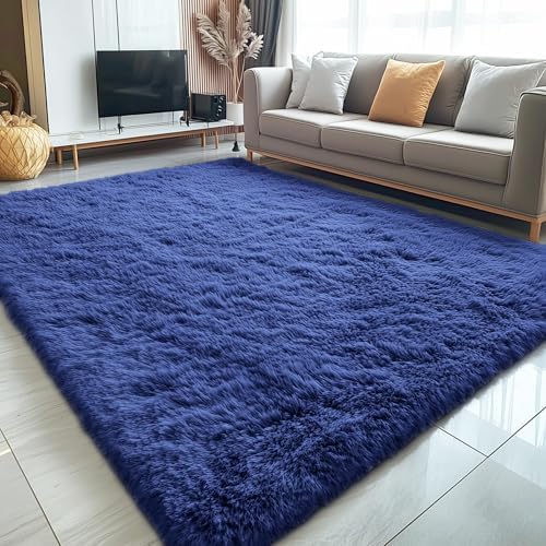 OLANLY 7x12 Machine Washable Large Area Rugs for Living Room, Bedroom, Soft Fluffy Shaggy Bedside Rug, Indoor Floor Carpet for Kids Girls and Boys, Dorms, Nursery, Home Decor Aesthetic, Navy Blue - Image 3