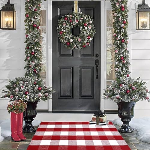 Christmas Plaid Outdoor Rug, 2'4" x 3'7" Red&White Check Indoor/Outdoor Area Rug, Layering Rug for Hello/Welcome Door Mat, Machine Washable Cotton Woven Rug for Farmhouse Front Porch,Entryway - Image 6
