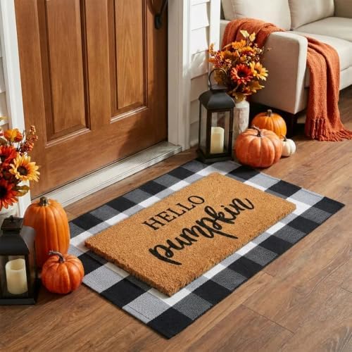 Fall Decor Doormat Combo Set, 100% Coco Coir Welcome Mat + 3' x 5' Black and White Plaid Rug - Fall Thanksgiving Front Porch Entryway Decor Floor Mat, Indoor Outdoors Autumn Mats Hello Pumpkin - Image 3