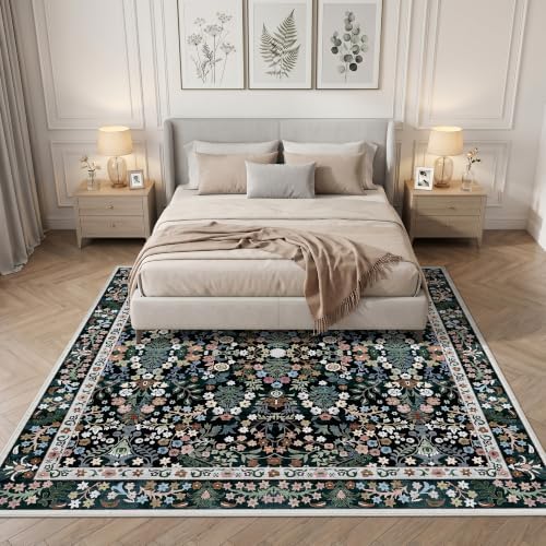 Square 8x8 Area Rug Non-Slip: Washable Stain Resistant Vintage Rug Black - Image 4