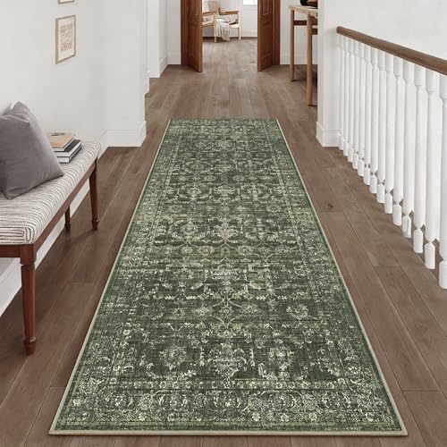 3x8 Washable Kitchen Runner Rug Non-Slip Boho Dark Green Throw Carpet - Image 4