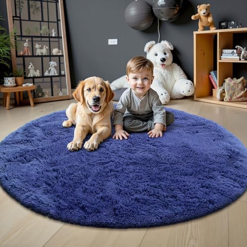 OLANLY Navy Blue Round Rugs for Bedroom - Machine Washable, 4 ft Circle Area Rugs for Living Room, Soft and Fluffy Shaggy Carpet for Teen Girls and Boys, Nursery Rooms, Dorms, Home Decor Aesthetic - Image 3
