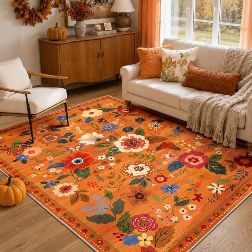RELEANY Floral Washable 5x7 Area Rugs BurntOrange by RELEANY