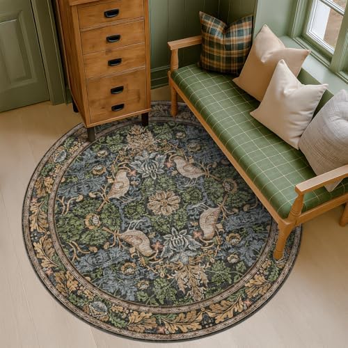 Hazo Haus Vintage 5ft Round Rug for Reading Corner, Bedroom, Farmhouse Dining Room, Soft Ultra-Thin Non-Slip Washable Rug, Forest Green Bird Floral Décor for Kitchen & Nursery - Image 3